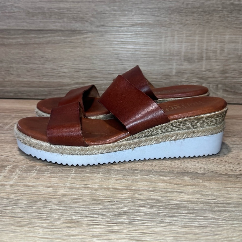 BERTUCHI Sandal Womens 9 Brown Leather Thick Straps Espadrille Wedge Slip On - Picture 3 of 8